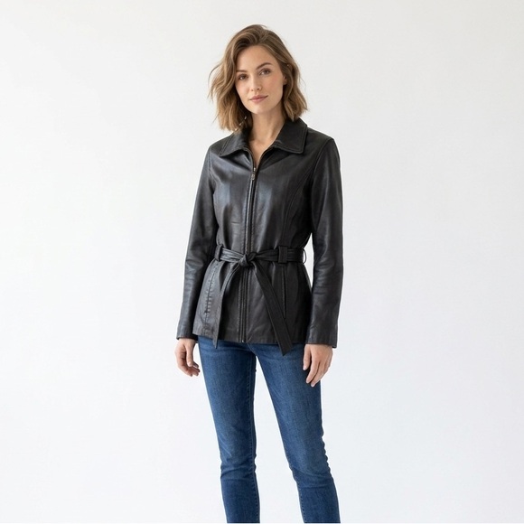 Wilda Jackets & Blazers - Wilda Vintage Black Leather Zip Up Belted Moto Jacket Size Small